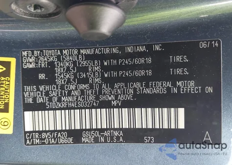 2014 Toyota Highlander Le Plus V6 z USA, uszkodzony, nr VIN 5TDZKRFH4ES032747